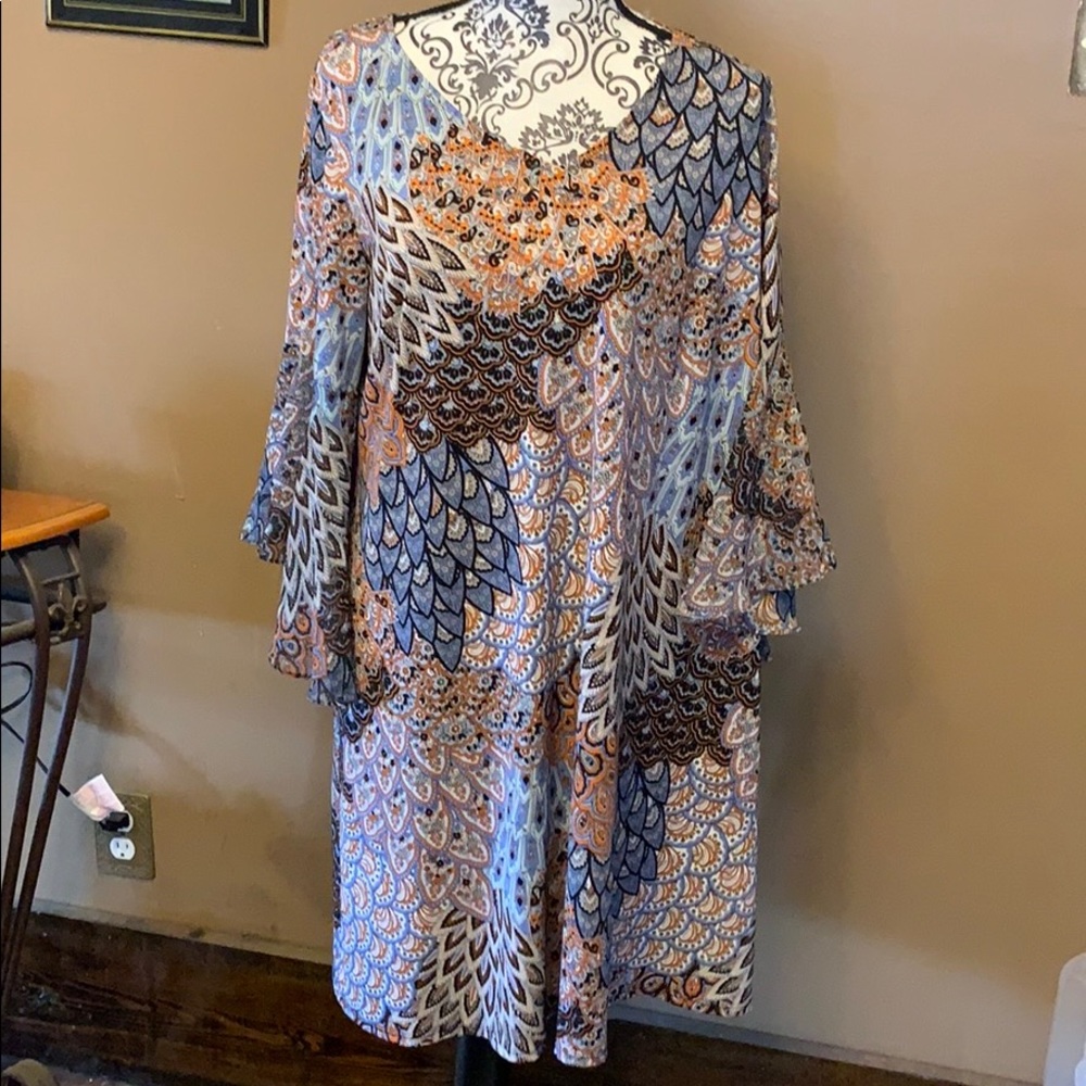 MSK feathered dress with bell sleeves